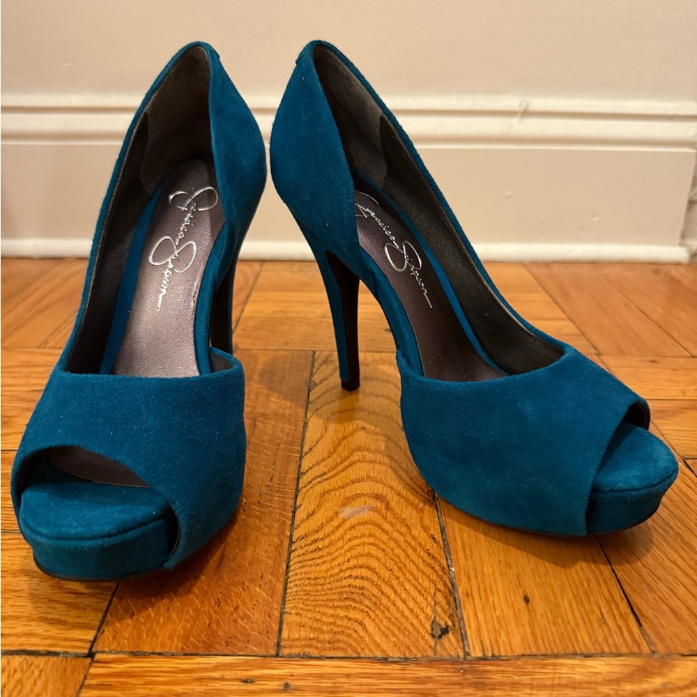 Jessica Simpson Bibi Teal D’Orsay Peep-Toe Heels